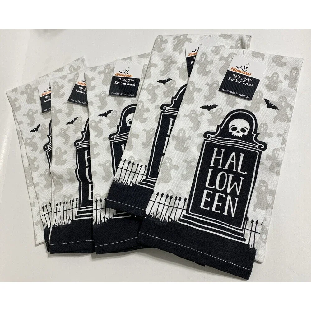 Halloween Kitchen Dish Hand Towels Spooky Scary Skull Ghost Set Festive Fun NEW